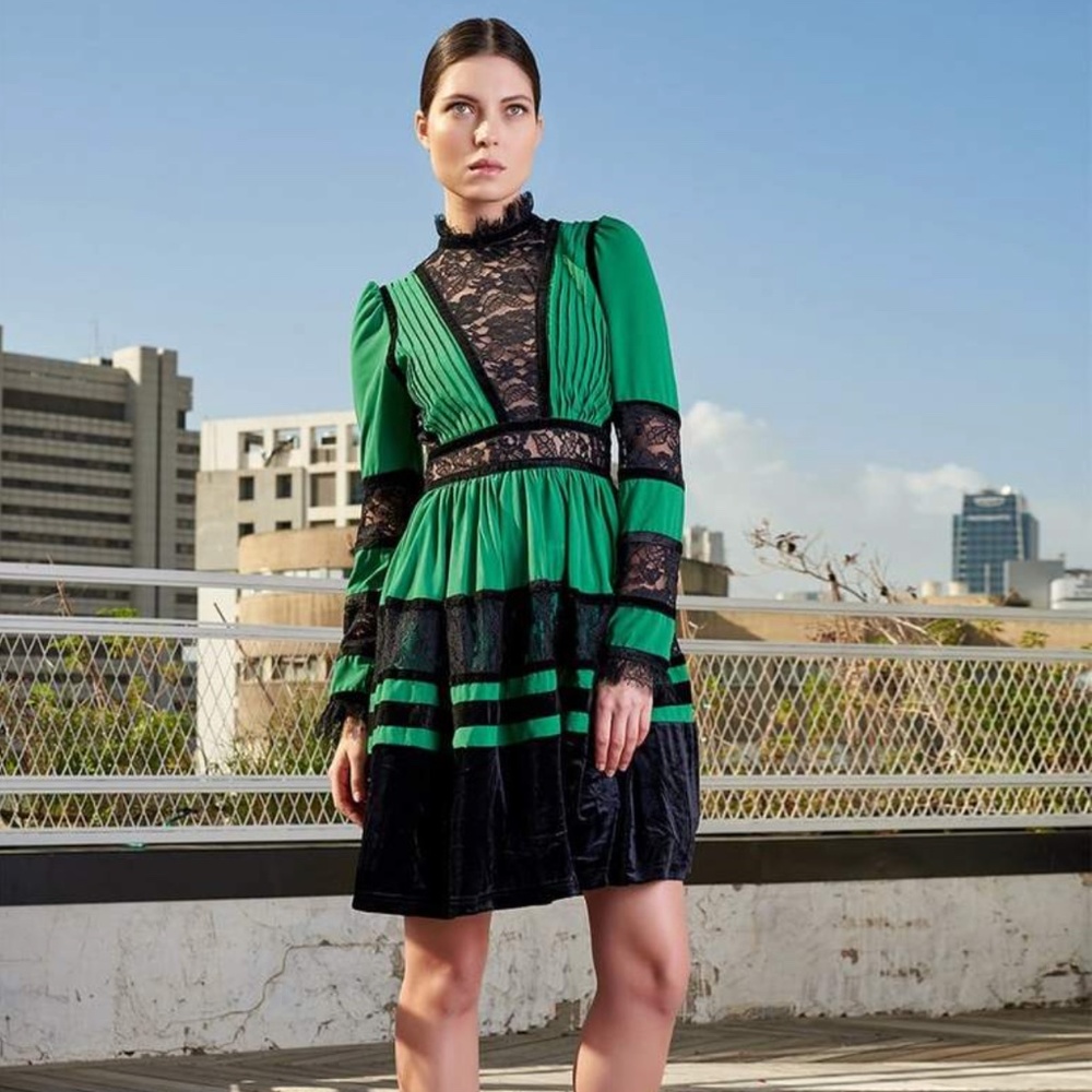 ZCRAVE Lace & Velvet Pleated Green Mini Dress